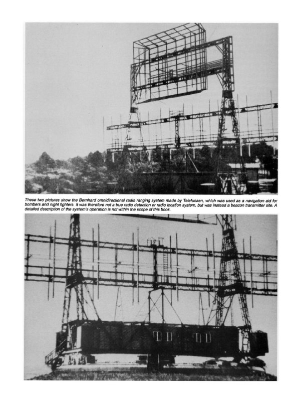 Немецкая радионавигационная система FuSAn 724/725, кодовое название «Бернхард», была разработана Telefunken, чтобы позволить самолету определять свое местоположение по радиосигналам. Система была запущена осенью 1941 года и состояла из антенны диаметром 22 метра, которая вращалась дважды в минуту. Каждая станция транслирует уникальный радиосигнал, и только с двумя из них отдельный самолет может получить очень точное местоположение. Для своего времени он был необычайно сложным и устойчивым к электронным помехам союзников. Немцы установили передатчики на расстоянии 300 км друг от друга по всей оккупированной Европе, и система продолжала развиваться и расширяться на протяжении всей войны. Рабочий диапазон 30-33.3 МГц. Представлена карта расположения радиолокационных станций Бернхард.Немецкая радионавигационная система FuSAn 724/725, кодовое название «Бернхард», была разработана Telefunken, чтобы позволить самолету определять свое местоположение по радиосигналам. Система была запущена осенью 1941 года и состояла из антенны диаметром 22 метра, которая вращалась дважды в минуту. Каждая станция транслирует уникальный радиосигнал, и только с двумя из них отдельный самолет может получить очень точное местоположение. Для своего времени он был необычайно сложным и устойчивым к электронным помехам союзников. Немцы установили передатчики на расстоянии 300 км друг от друга по всей оккупированной Европе, и система продолжала развиваться и расширяться на протяжении всей войны. Рабочий диапазон 30-33.3 МГц. Представлена карта расположения радиолокационных станций Бернхард.