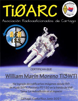 Есть информация еще о двух дипломных программах минувшей передачи SSTV с борта Международной космической станции проходившей с 21 по 27 июня. Спасибо за информацию Александру LU7HDD. Вот так, мероприятие уже минуло, а ее отголоски до сих пор гремят 😂Сертификат SSTV Коста-Рики Отправить полученные изображения по адресу info@ti0arc.orgВ теме письма указать - ISS SSTVName