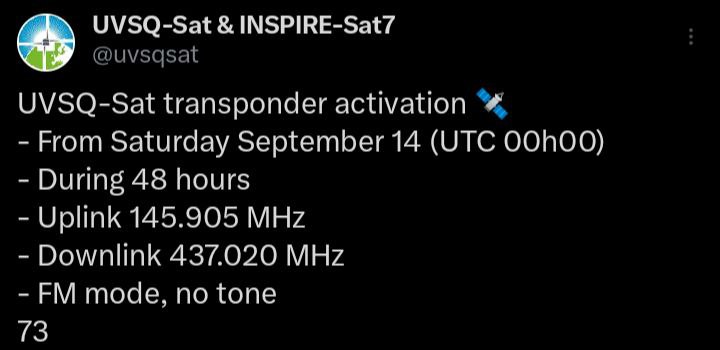 🛰Только стоило порассуждать о полезности орбитальных FM ретрансляторов, как UVSQ-Sat не заставил себя ждать. Совпадение?!😁Не помню когда последний раз на нем был активен FM транспондер. Активация транспондера UVSQ-Sat- С субботы, 14 сентября (00