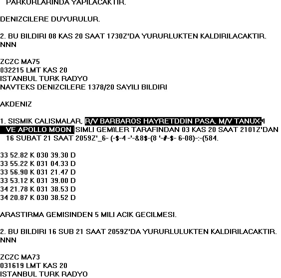 navtex Turkey,4209 khz, Сейсмические работы ведут 3 судна в Средиземном мореnavtex Turkey,4209 khz, Сейсмические работы ведут 3 судна в Средиземном море