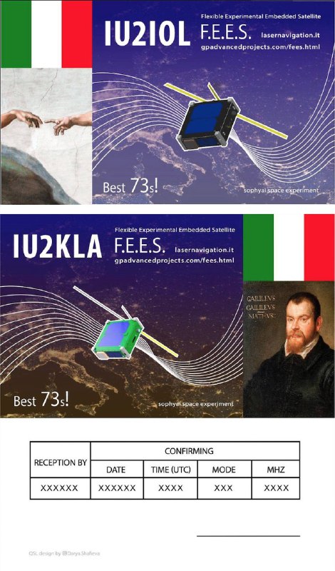 Прием телеметрии итальянского спутника FEES подтверждают QSL карточкой. Для получения QSL карты в электронном виде, необходимо сообщить о полученном пакете с датой и временем приема, операторам спутника - Роберто Навони(IU2IOL) или Гвидо Париссенти(U2KLA)FEES ( Flexible Experimental Embedded Satellite ) - проект итальянской GP Advanced Projects, направленный на разработку недорогой платформы для орбитального тестирования и проверки электронных компонентов.Спутник массой 0,3 кг выполнен в форм-факторе 0,3UCubeSat (10 см × 10 см × 3 см).Спутник передает 1 сигнал LoRa и 10 сигналов FSK 9600 bps с циклом в 60 секунд.(В момент эксперементов, интервалы и время передачи могут изменяться!)Частота